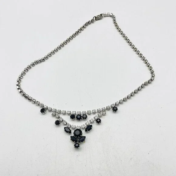Vintage Black Rhinestone Necklace Silver Tone Choker Evening Jewelry - Picture 2 of 9
